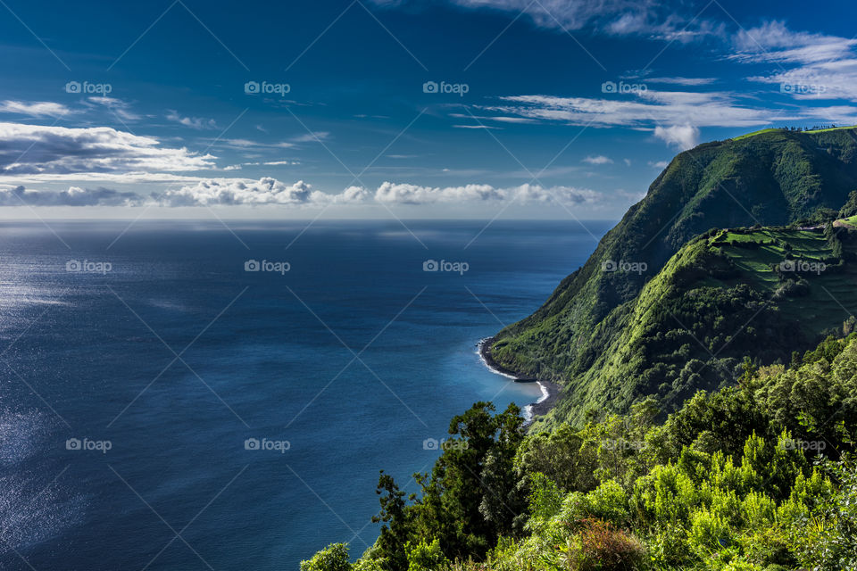 View on the coast of the island of Sao Miguel, Azores, Portugal, from the Miradouro of Ponta do Sossego.