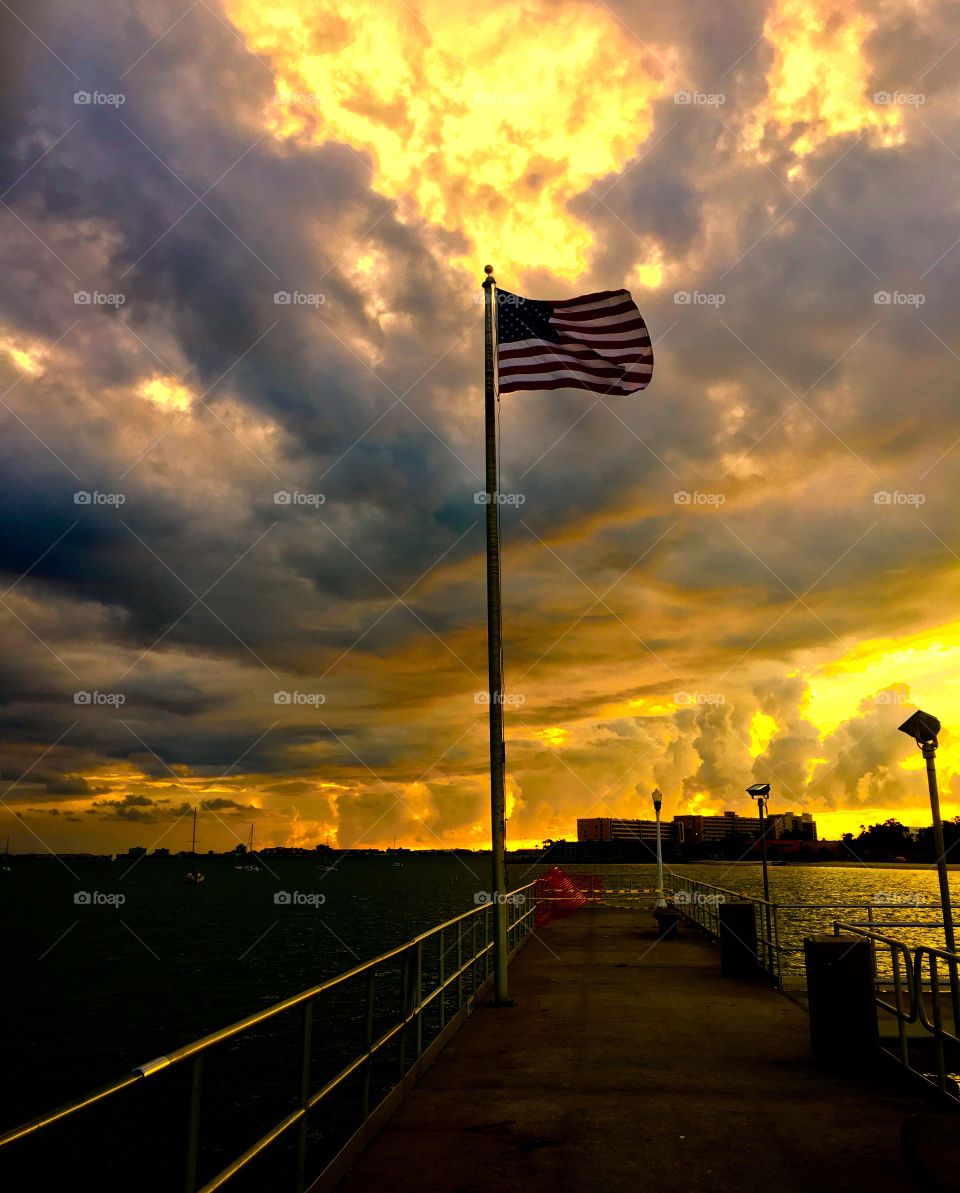 Incredible sunset with American flag