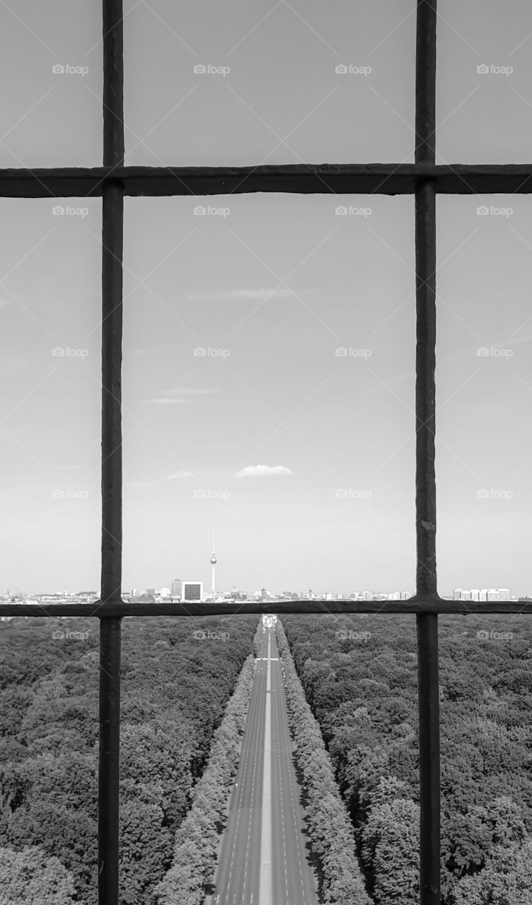 Summer cityscape with park, road and clear sky, view from above through the bars. Center of Berlin, view from the victory column
