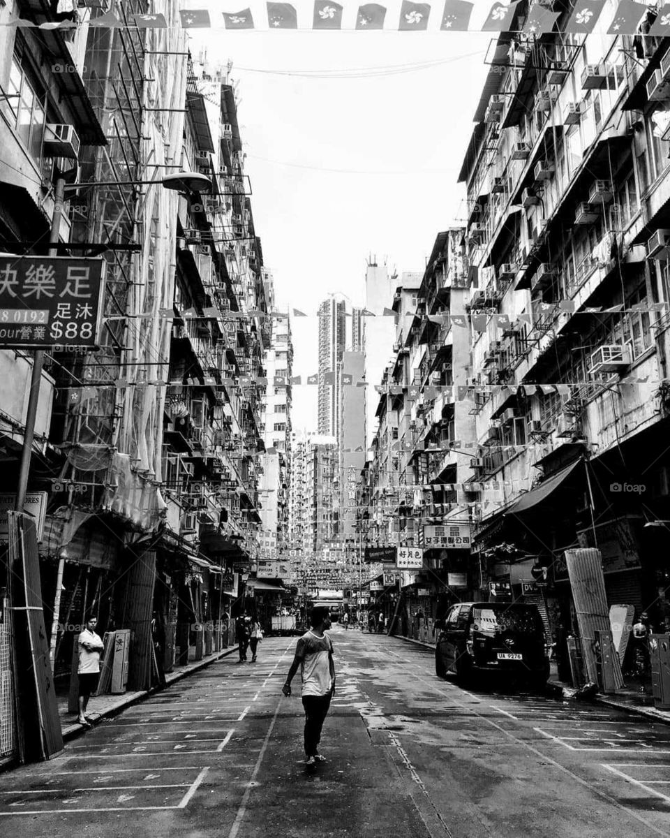 Hong Kong. Black and White photo of morning market's street before business starts.