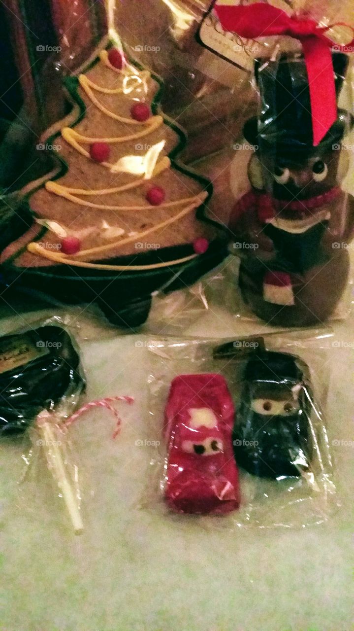 Christmas chocolates in shape of cars and a snowman