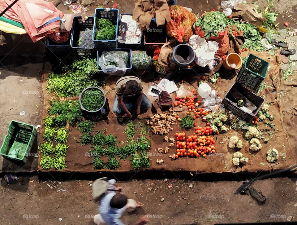 An aerial view of a vegetable seller in Mumbai India in year 2019