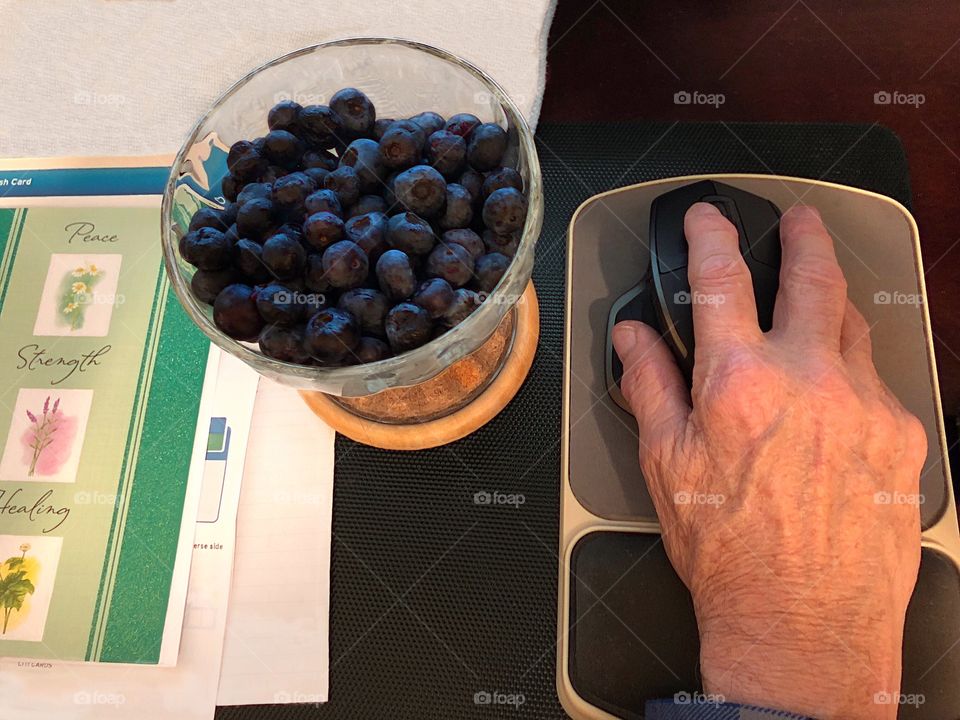 Morning rituals -finish paperwork and check the computer while eating lush blueberries.