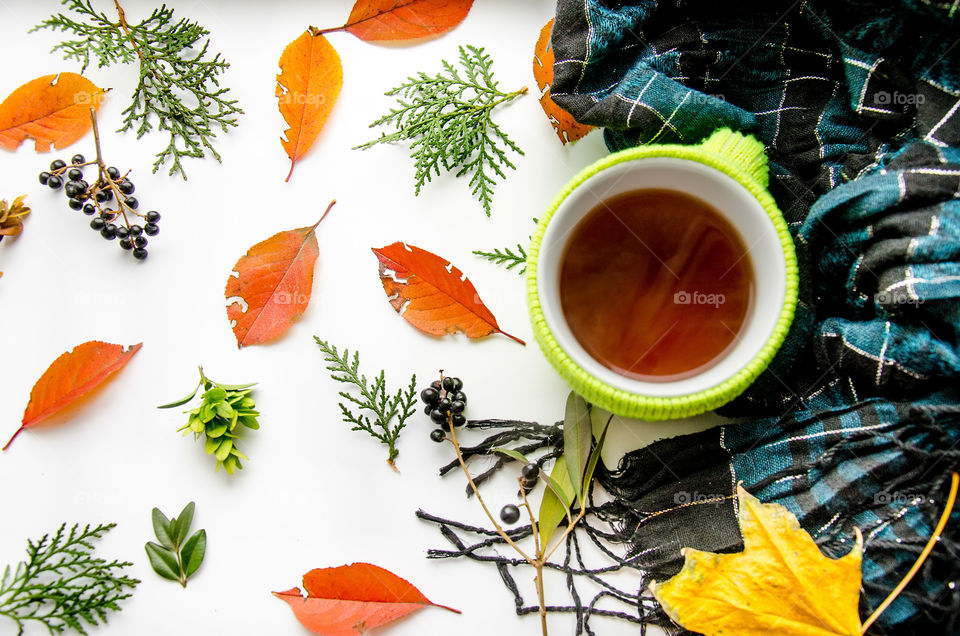 still-life of autumn leaves and a cup of green tea