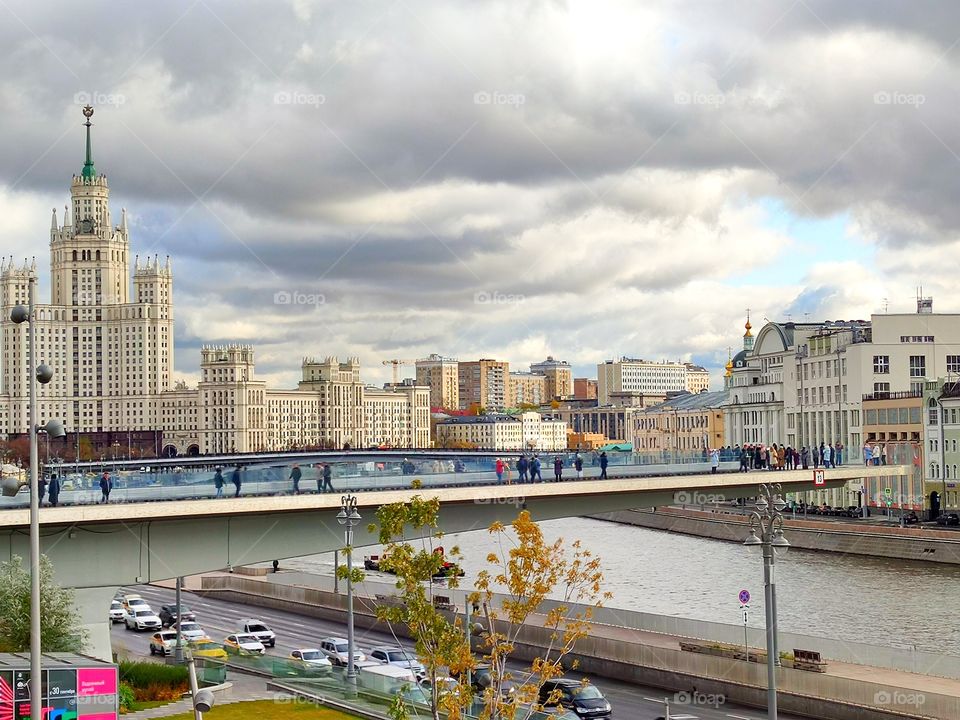 View from Zaryadye Park to Moskvoretskaya Embankment, Floating Bridge, Moskva River and Kotelnicheskaya Embankment. Moscow