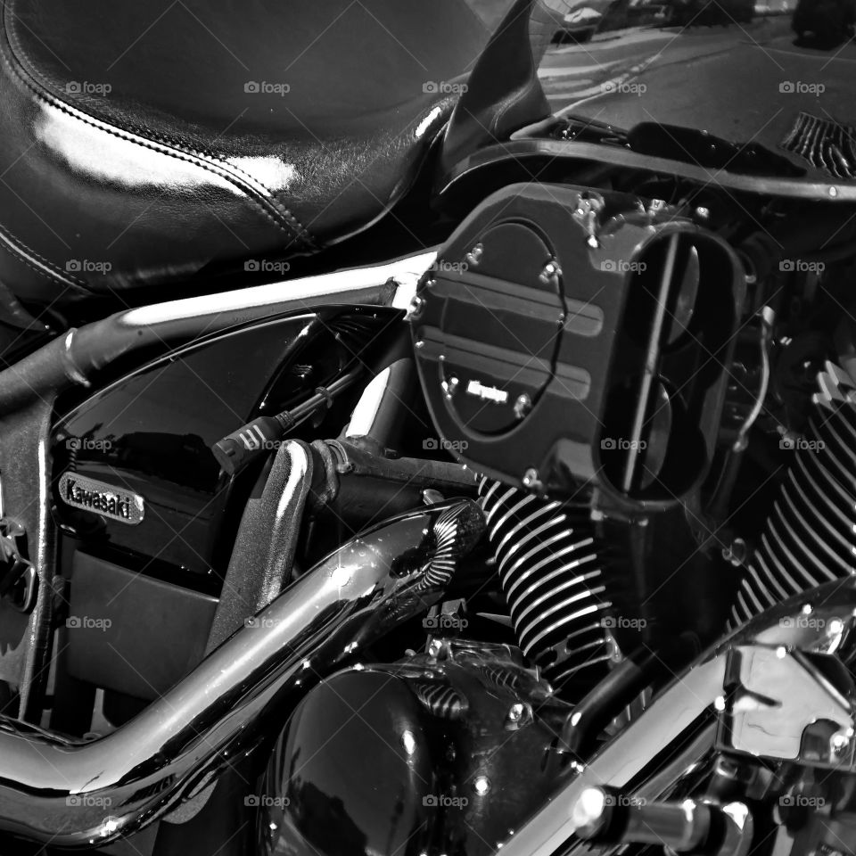 Motorcycle engine close up in black and white