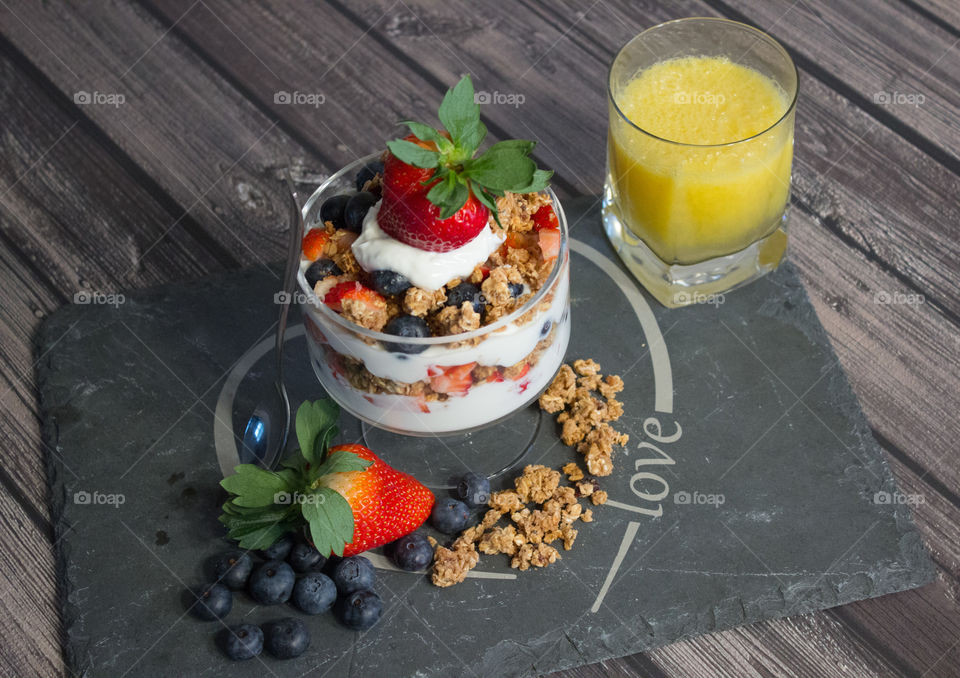 Parfait and orange juice