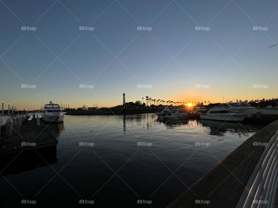 Golden sunset over the harbor in Long Beach, California. 