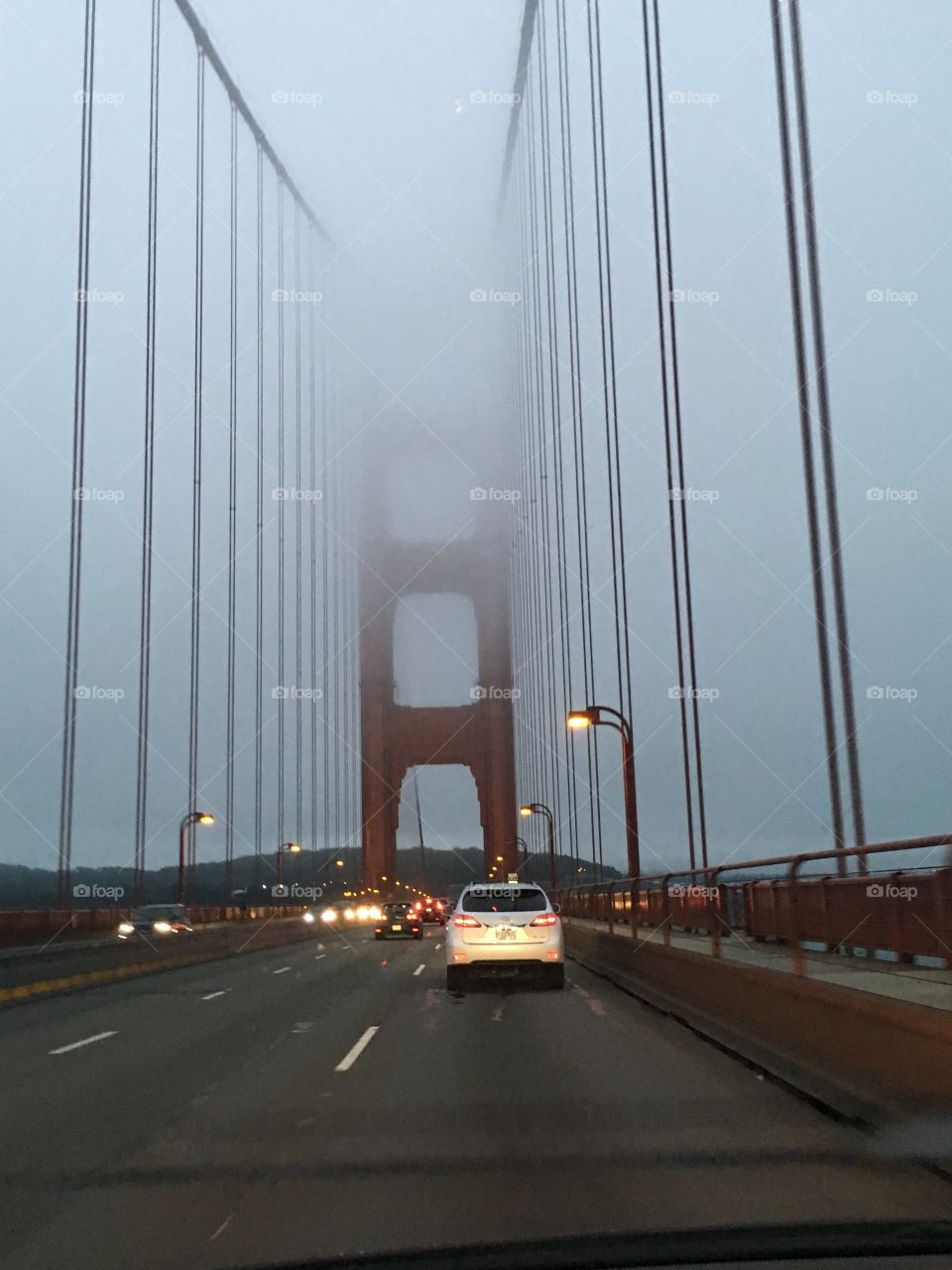 Crossing the Golden Gate Bridge in foggy San Francisco