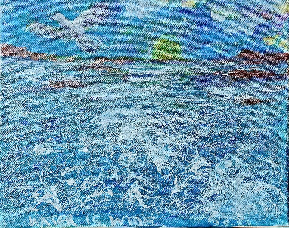 This is a photograph of a lovely work of art. a painting of a white dove flying over the pastel blue ocean that is rolling up onto the shore causing large splashes and waves with white crests to appear. 2023 Hypnotic Productions