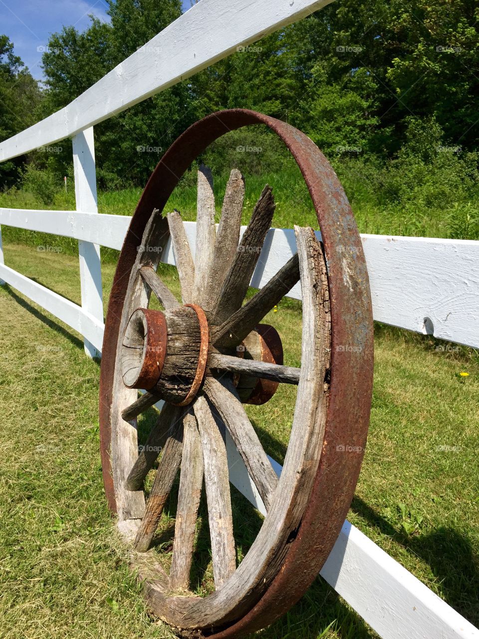 Wagon Wheel on Fence. Wagon Wheel on Fence