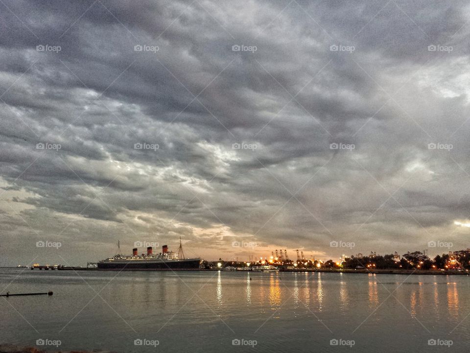 The Queen Mary under dramatic skies