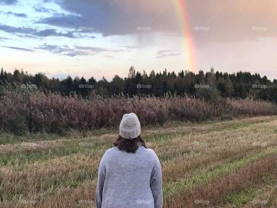 Rainbow, human, woman, land, nature, autumn, field