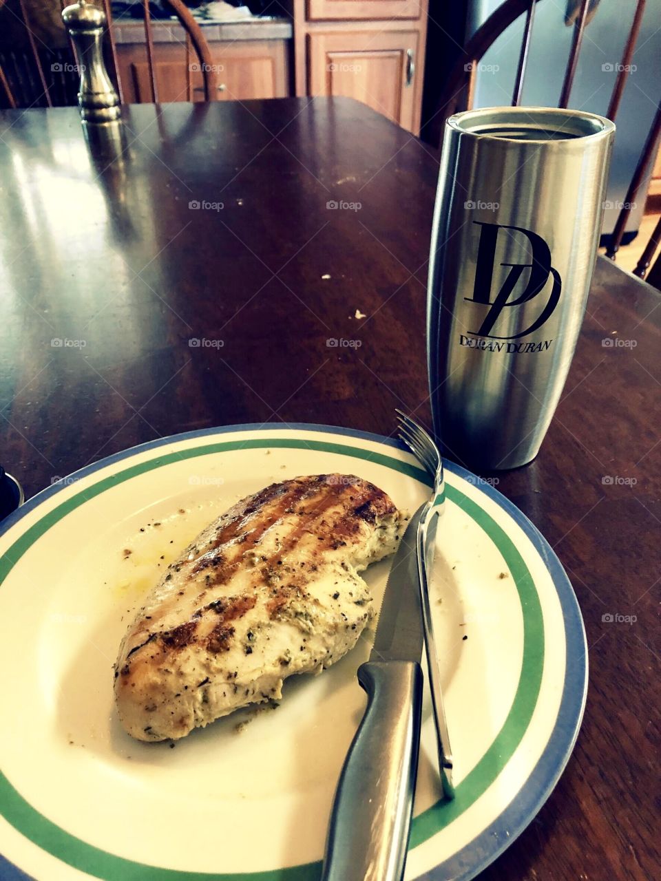 Chicken breast and Duran Duran metal cup.
