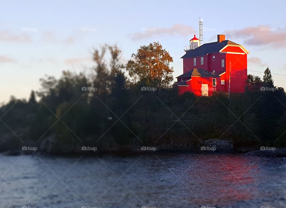 Beautiful bright Red lighthouse in Marquette Michigan