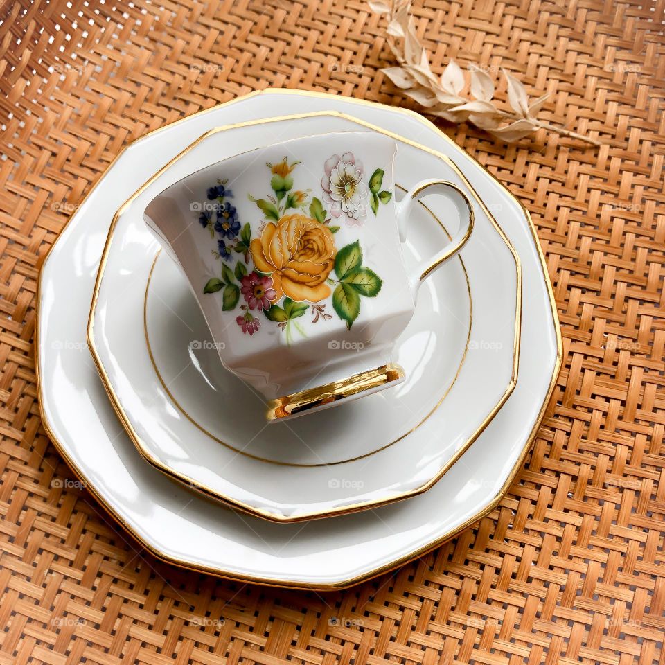 Vintage porcelain table set for breakfast