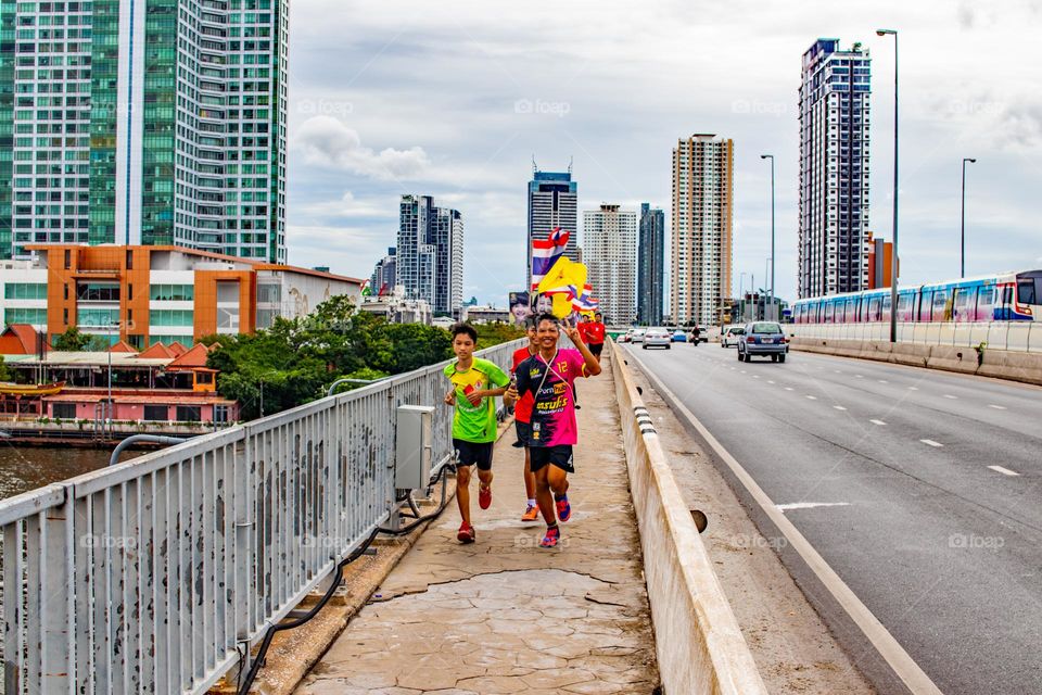 thai People by their workout at a bridge in the Capital City Bangkok Thailand Southeast Asia