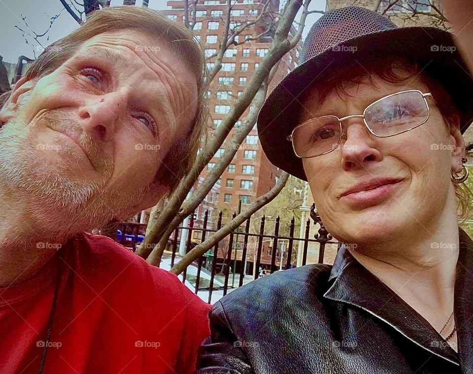 „Timothy Trespas“ and I, „Petra Schiller“ wait for a friend in the „West Village“ in „Manhattan“ so we can shower ever since COVID 19 related restrictions rendered our gym memberships practically useless for us. 2020. Hypnotic Productions