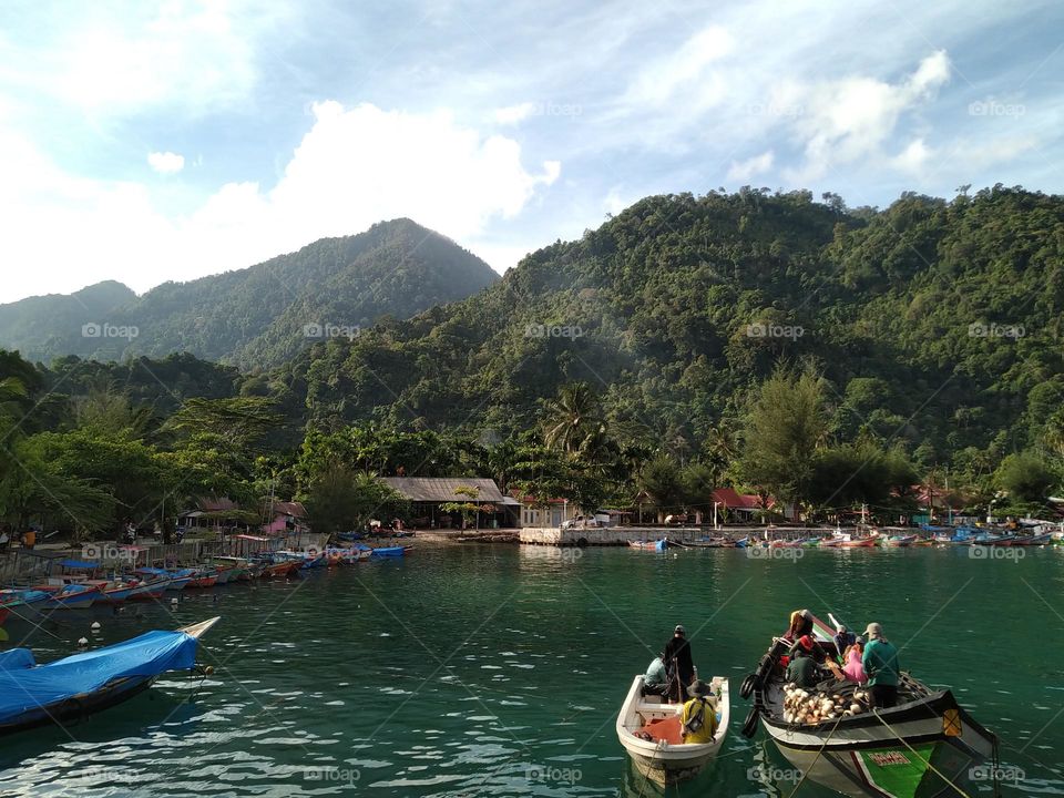 View of ships docked on the beach of Aceh, Indonesia