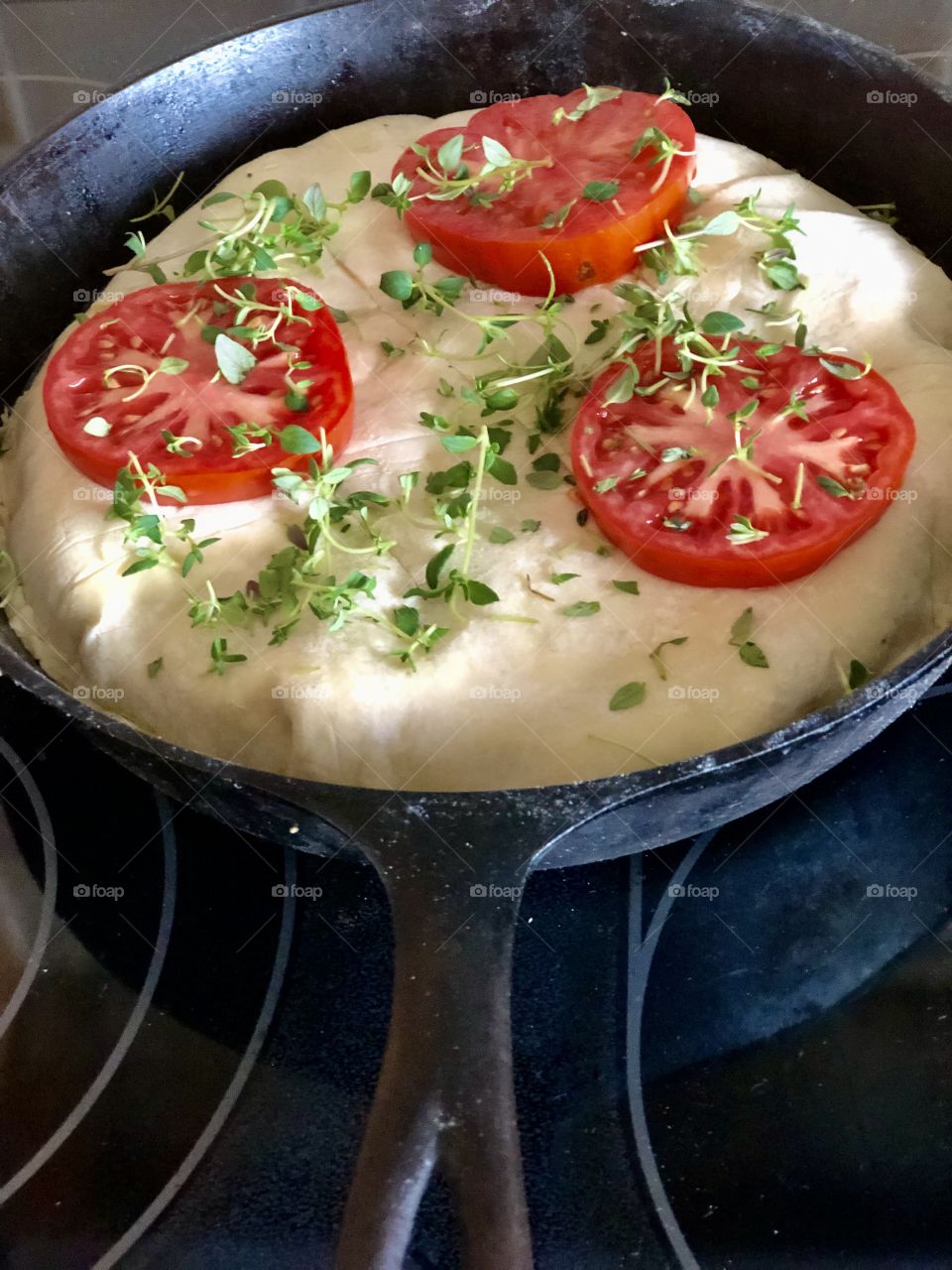 #stayathome - Cooking At Home! Ready For Baking Fresh Tomatoes, Herbs And Leeks In A Fresh Dough Tart In Cast Iron Skillet! 