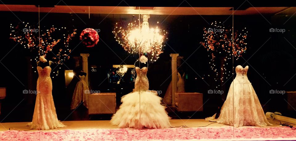 Wedding dresses in store window display