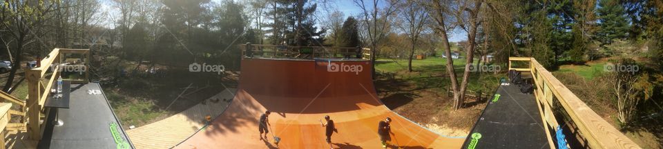 Panoramic photo of a skateboard halfpipe vert ramp