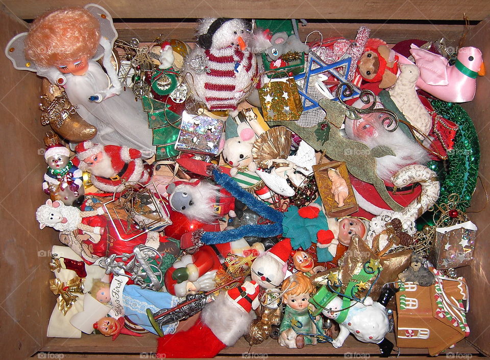 A box of vintage ornaments