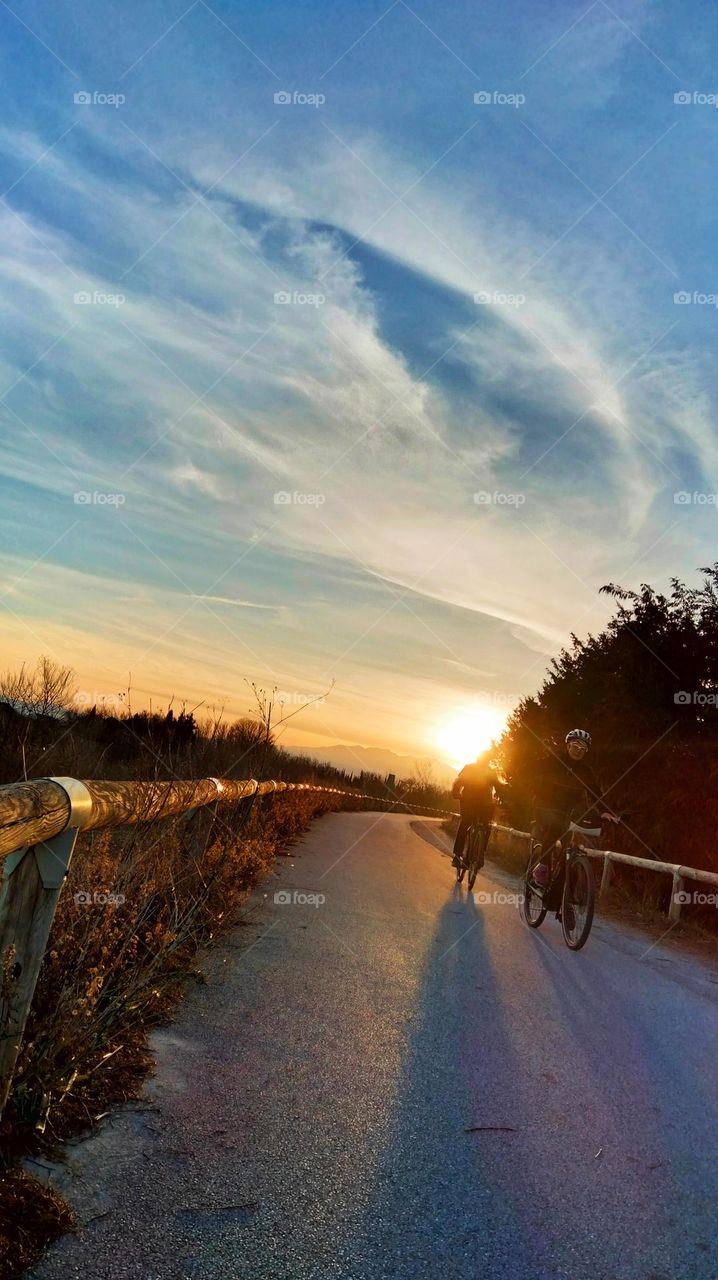 People cycling in the sunset