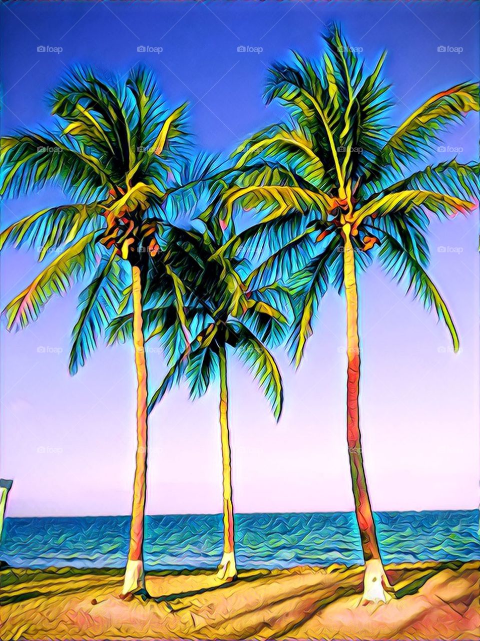Three Palm trees by the ocean