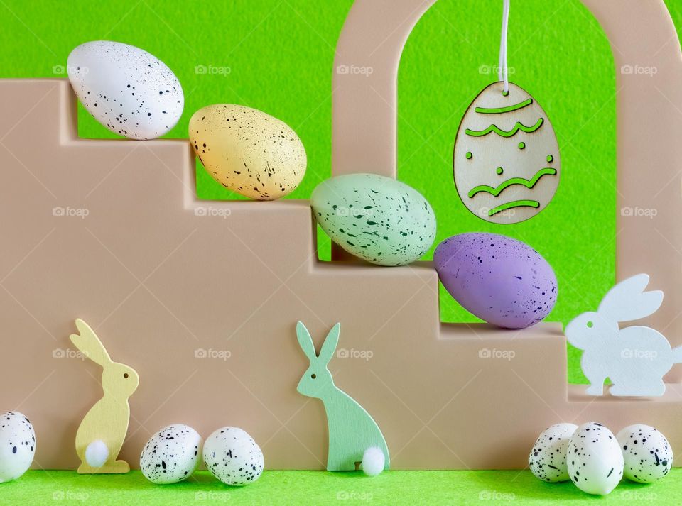 Springtime/Easter/Oestre display with eggs and bunnies