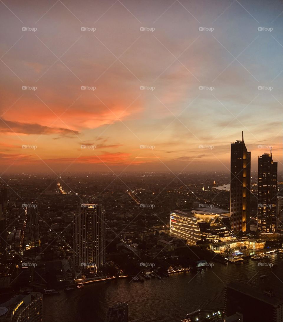 Aerial view of Bangkok, Silom quarter, by night 