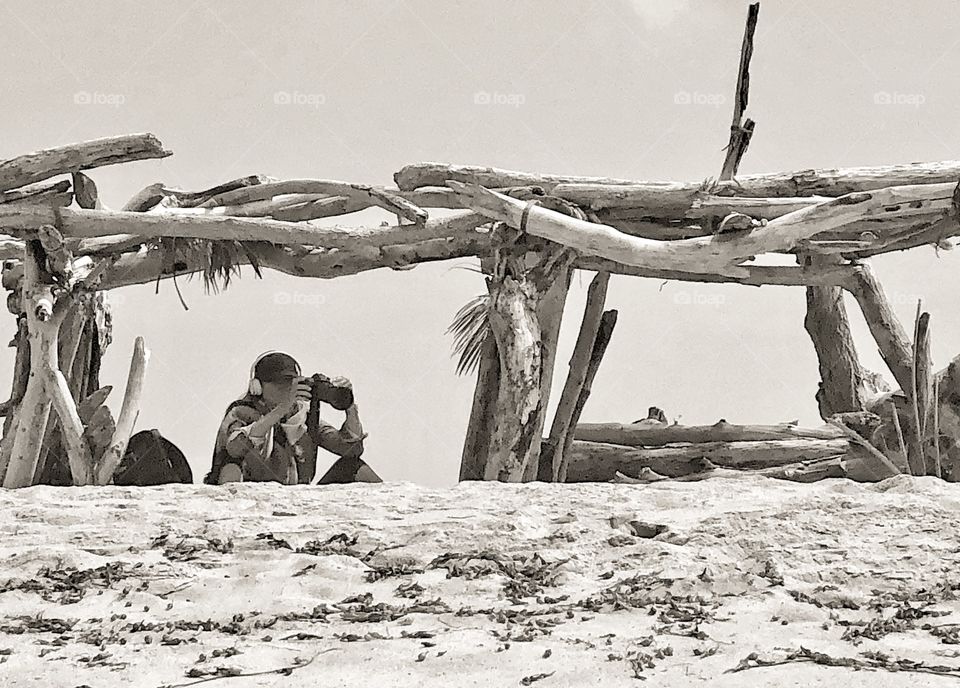 Photographer on the Beach with Driftwood Hut, Lifestyle Photography 