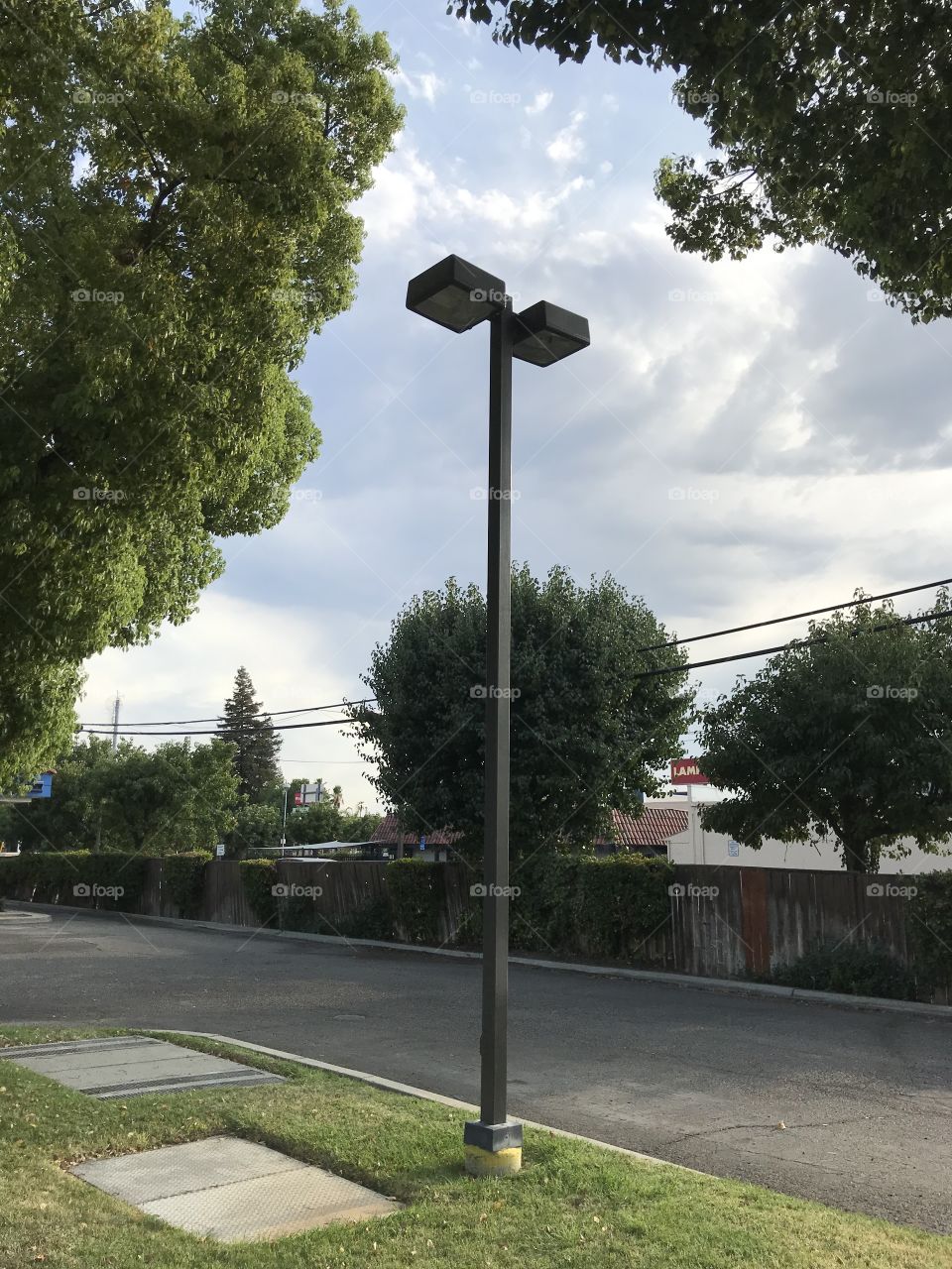 A lamp post in the back parking lot of a comic book store. It is there for the purpose of safety for the customers.