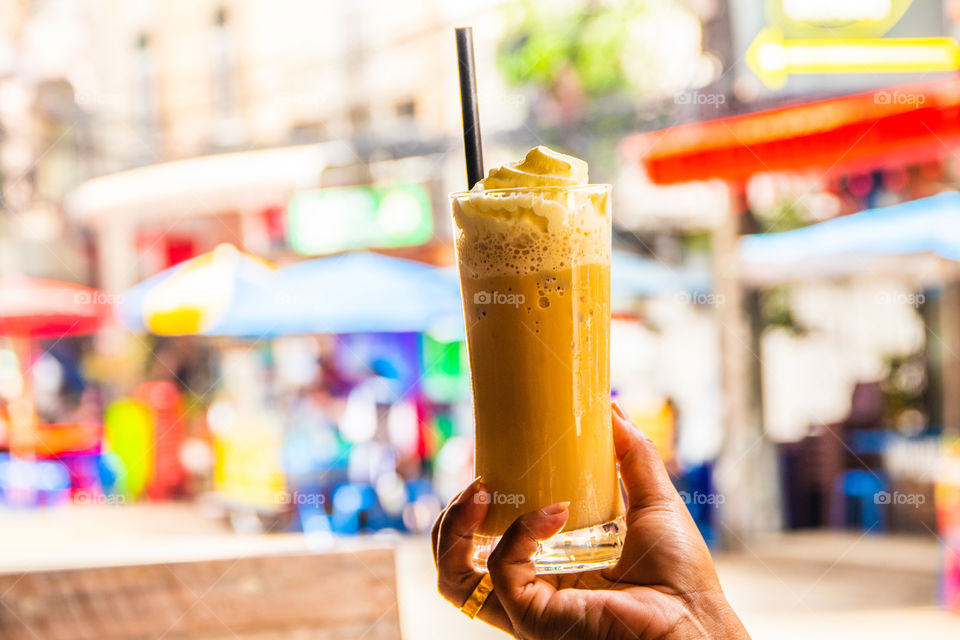 one ice coffee latte at a breakfast restaurant in Bangkok Thailand Southeast Asia