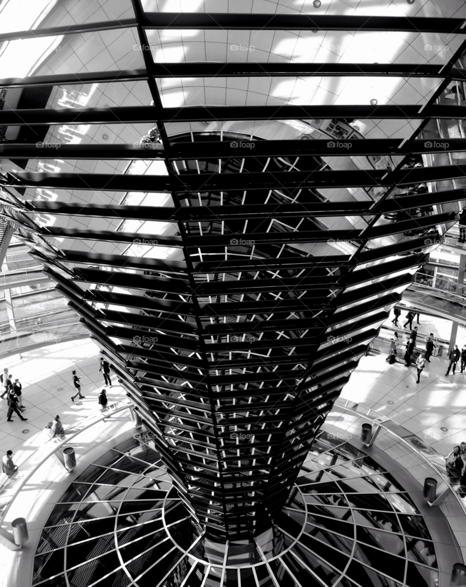 Reichtag Dome. Modern steel and glass architecture with winding spirals inside the dome of the German Parliament in Berlin. Reichtag. 