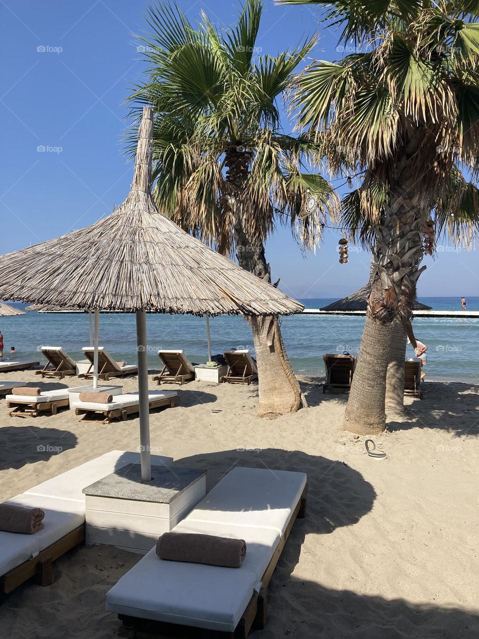 Beach time on holidays. Blue sky and tall palm trees. Sunsets and sunny days. Summertime in Kusadasi. Vacation travel in Turkey . Summer view. Sunny day during vacation 