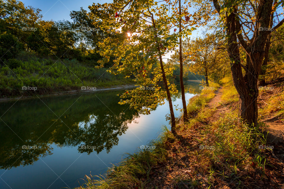 A meandering path winds along the bank of a lazy river. The far riverbank is cloaked in deep cool shadow and the near side and pathway are bathed in the warm golden light of the morning sun.