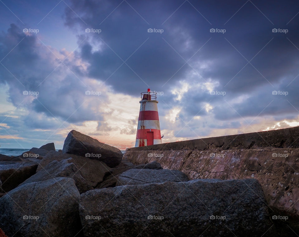 Iighthouse, stone, Ocean, sunset