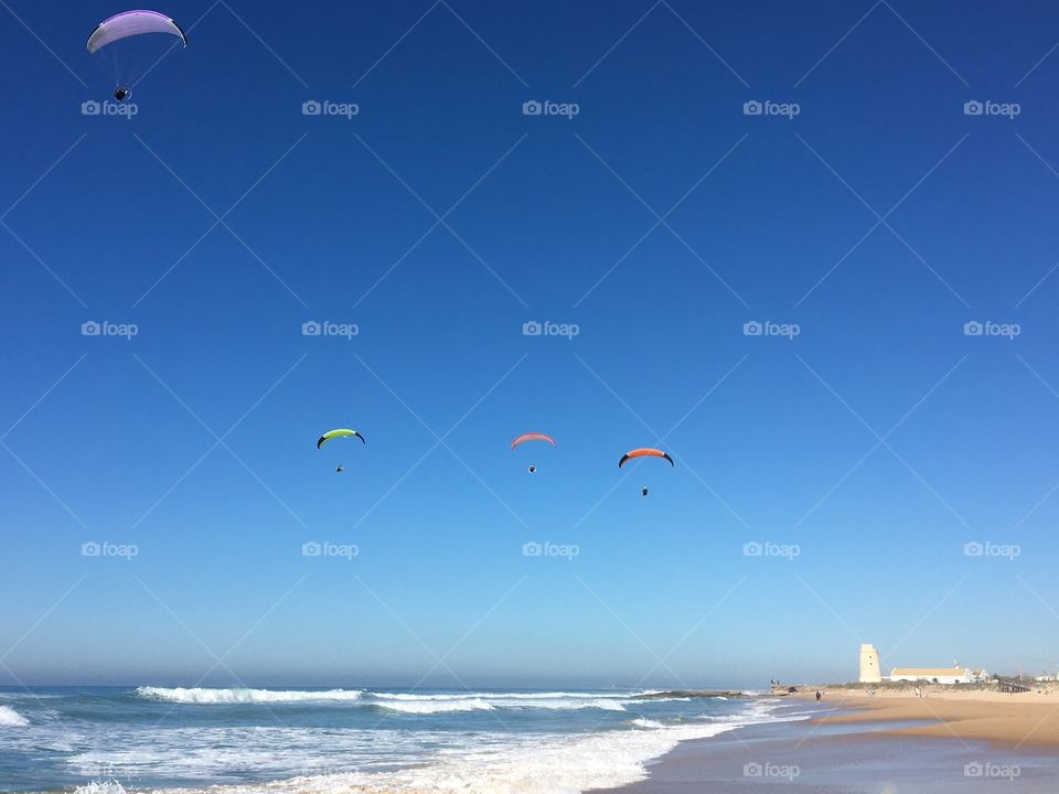 Paragliders flying over the beach