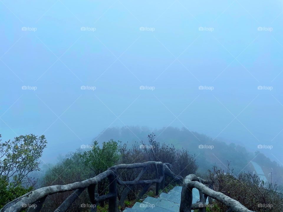 Surrounded by clouds and fog