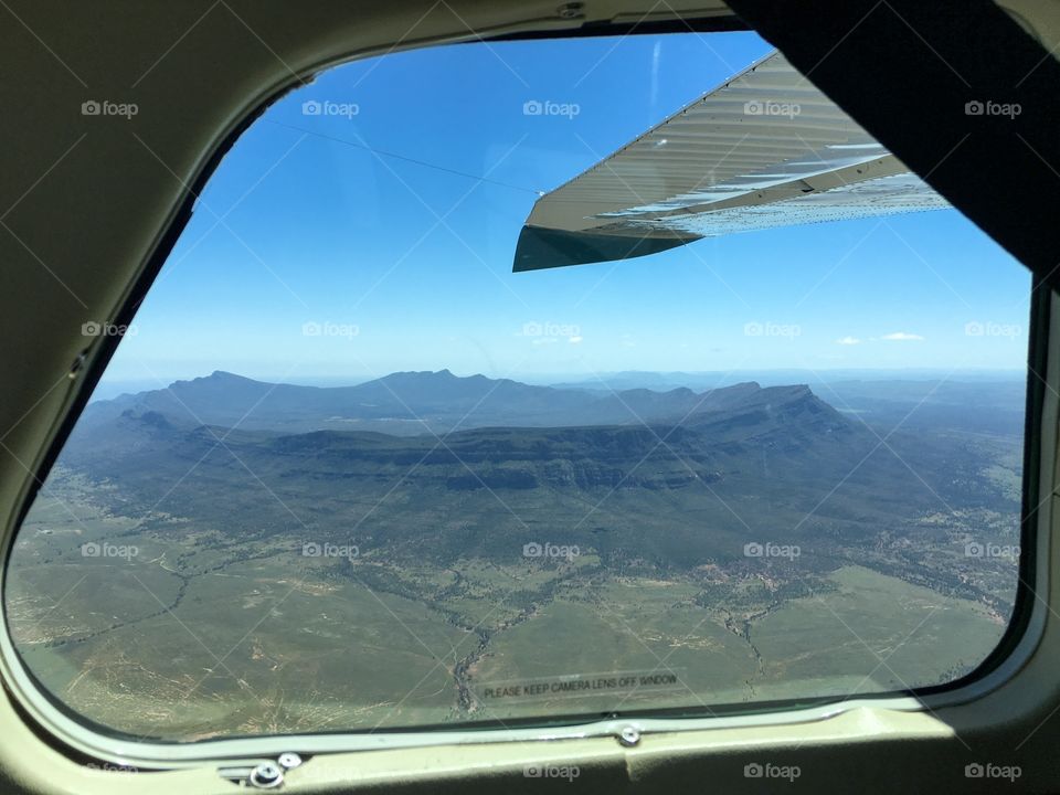 Aerial closeup view from light plane of the historic Wilpena Pound in the Flinders Ranges in South Australia in the Spring