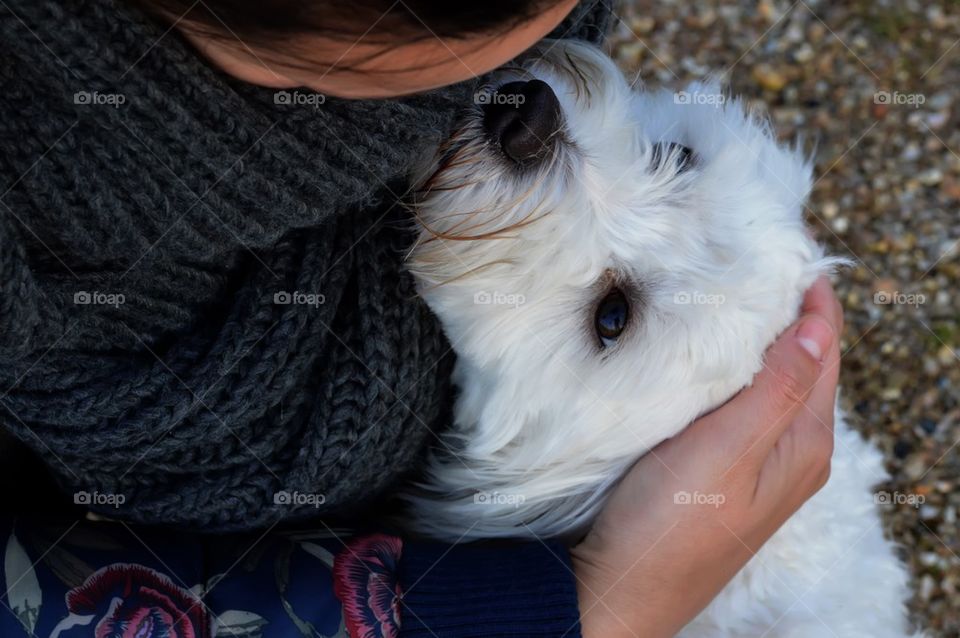 Young adult cuddling dog