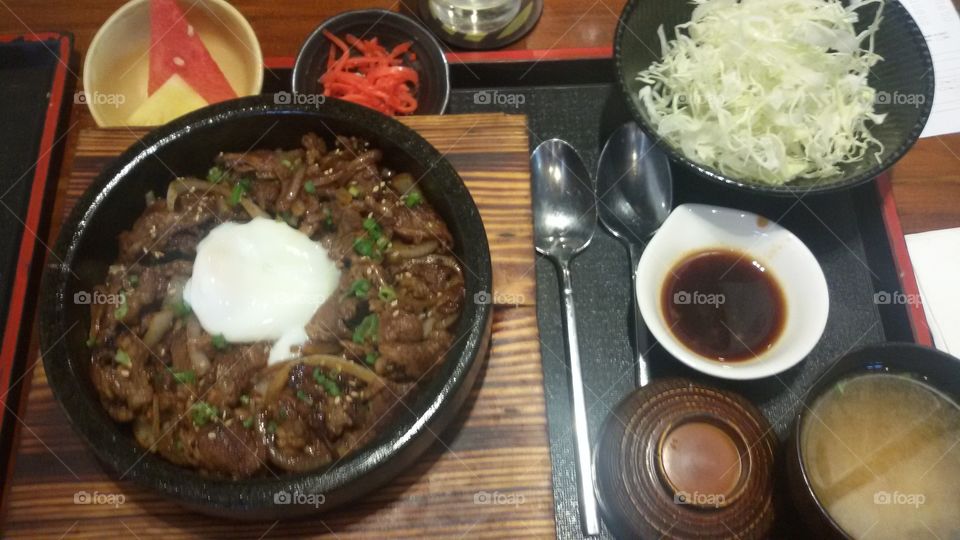 Gyudon ( Beef Rice Bowl ) with cabbage side dish