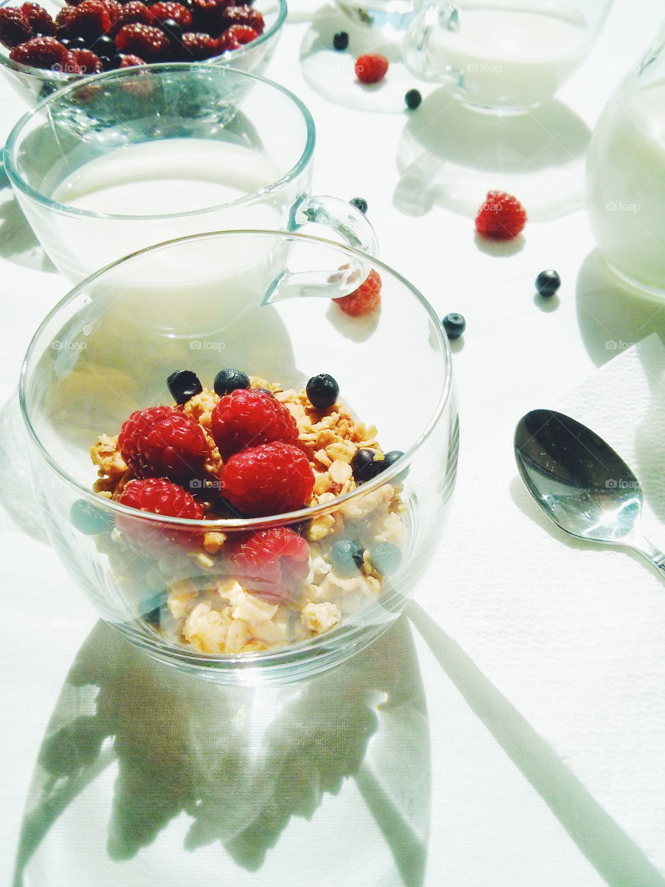 Summer sunny breakfast. Summer sunny breakfast on white tablecloth