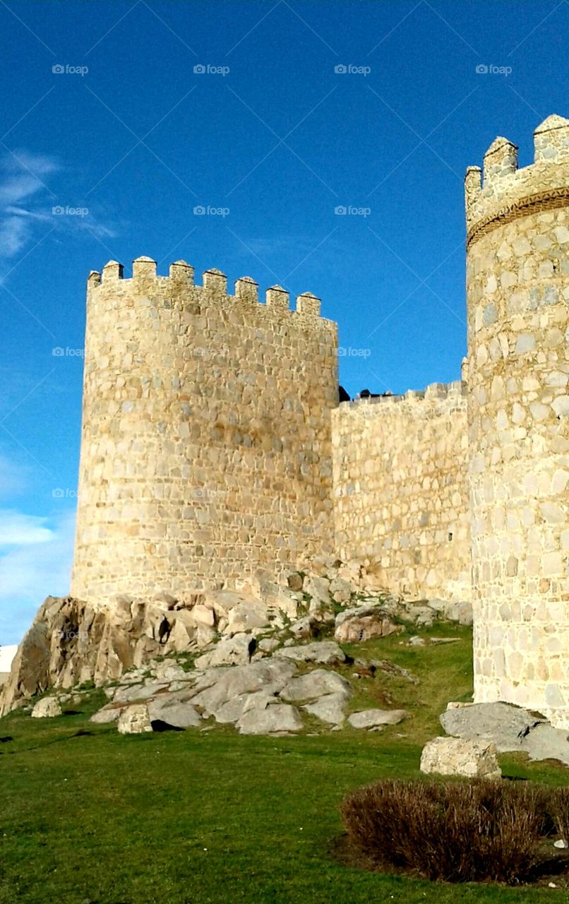 Stone wall with turrets with blue sky and green grass.

El muro de Ávila.