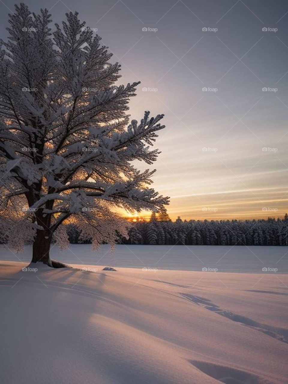 A tree in the middle of the snow with a view of the sunrise
