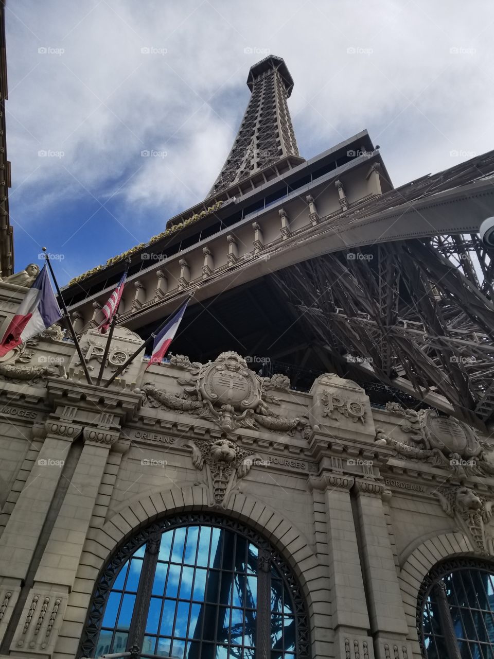 Paris hotel Eiffel Tower, perspective looking up