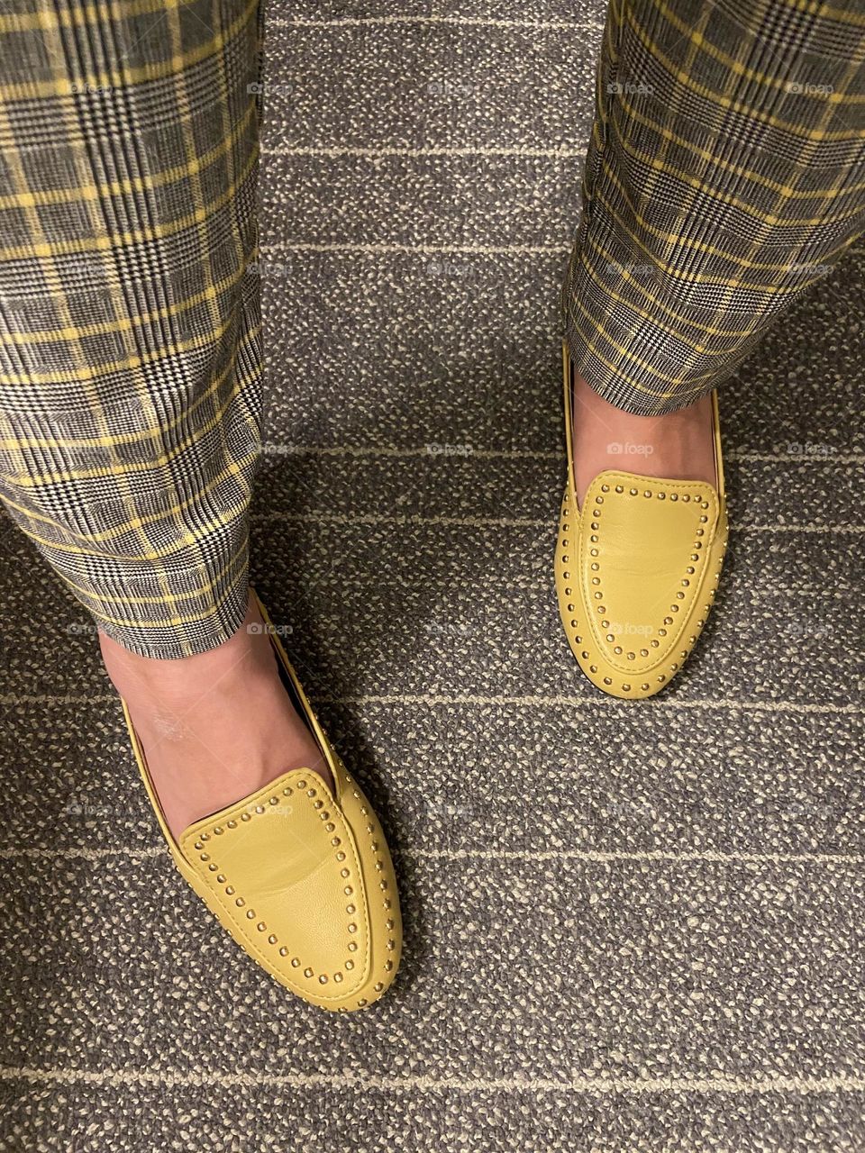 Stepping out to the office in my yellow shoes and my gray and yellow plaid pants. Everyone says these pants are sassy. They are also comfortable, and yellow always lifts my mood.