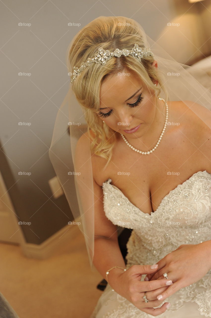 Close-up of a bride in wedding gown
