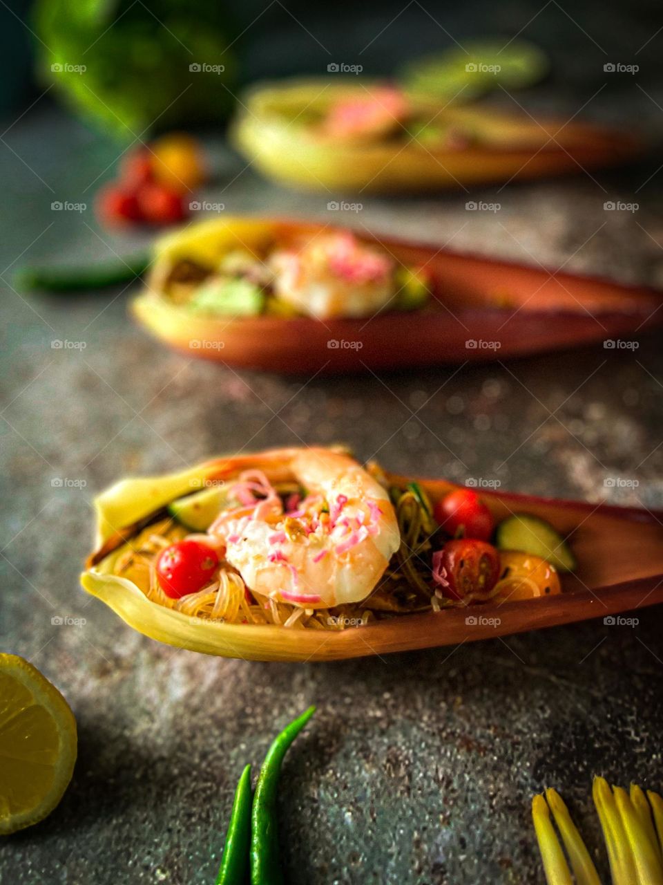 Local dish of banana flower salad with shrimp in close up view